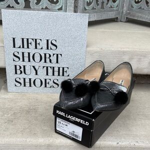 Karl Lagerfeld Black Metallic Loafers with Black Pom-Poms